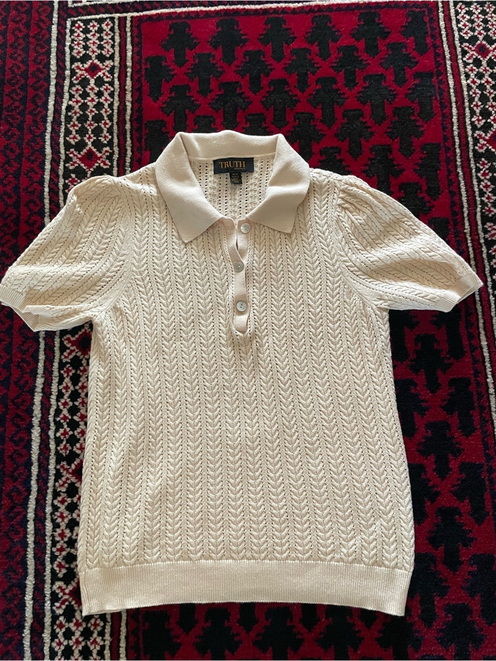 Truth republic Cream Cable-Knit Polo Top, size medium